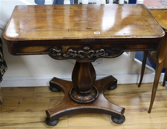 A WIV rosewood card table, W.92cm
